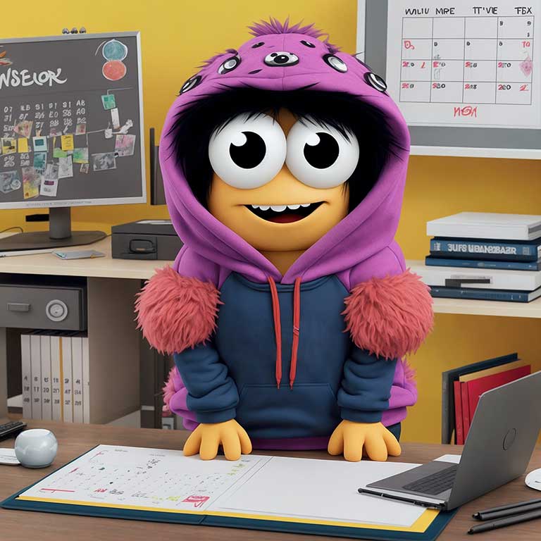Alien mit buntem Hoodie in Büro vor einem Terminkalender - terramedia gmbh - Wir sind Aliens