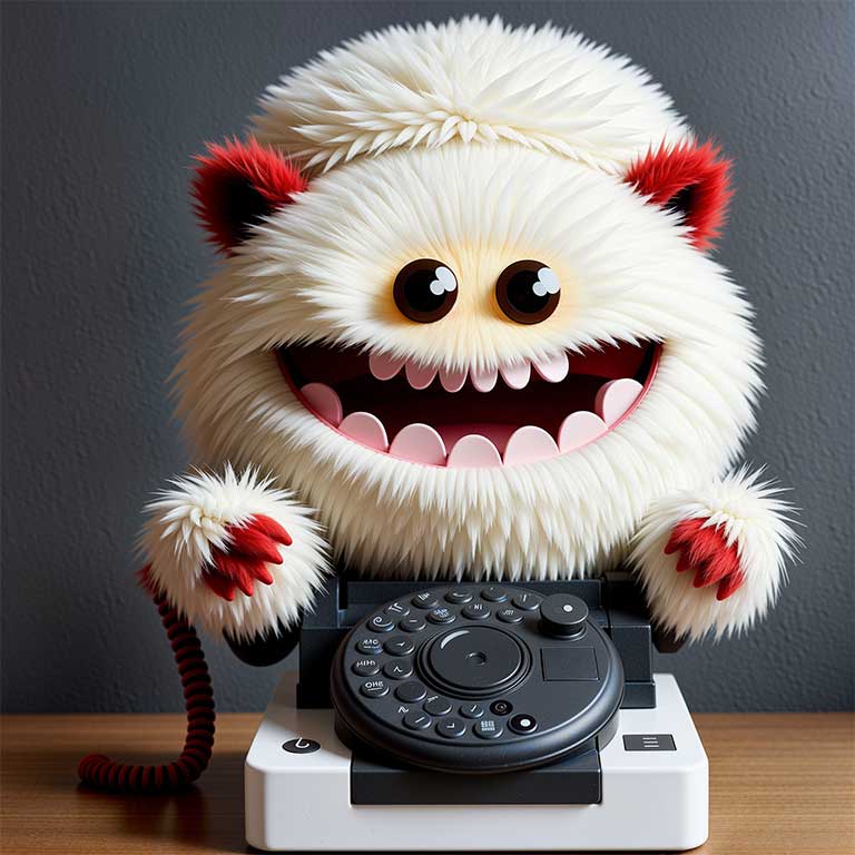 Weißes Monster mit dickem Kopf über einem alten Telefon mit Wählscheibe - terramedia gmbh - Wir sind Aliens