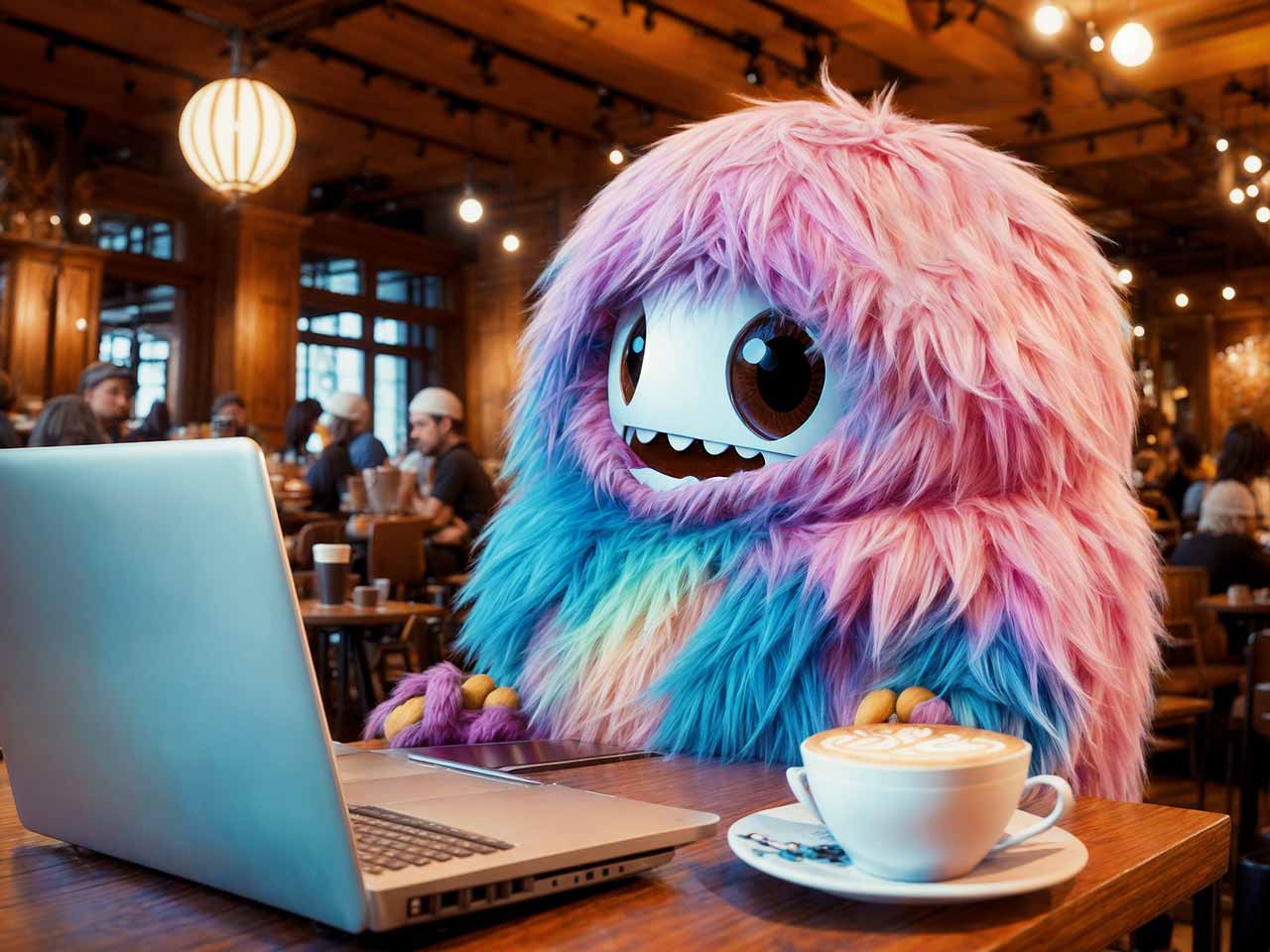 Alien in Café mit einem Milchkaffee und einem Laptop - terramedia gmbh - Wir sind Aliens