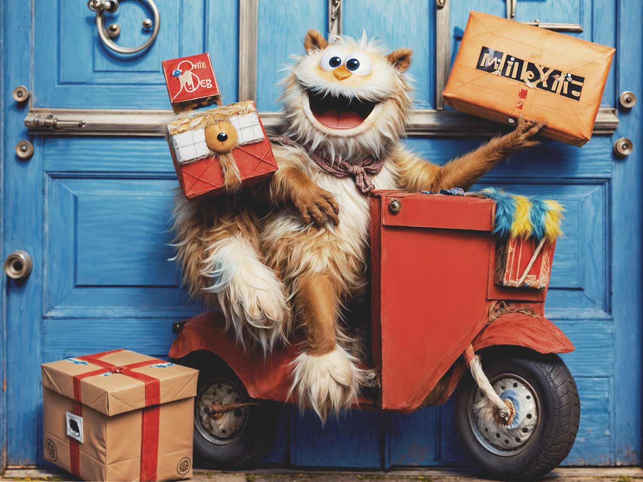 Katzenartiges Alien auf rotem Motoroller mit Paketen und Geschenken - terramedia gmbh - Wir sind Aliens